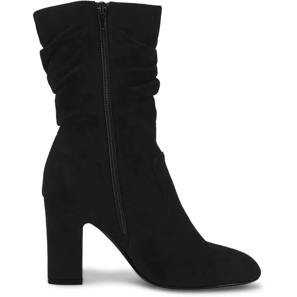 Women's Black Microfiber Mid Calf High Chunky Heel Block Rounded Toe Booties - Picture 5 of 6